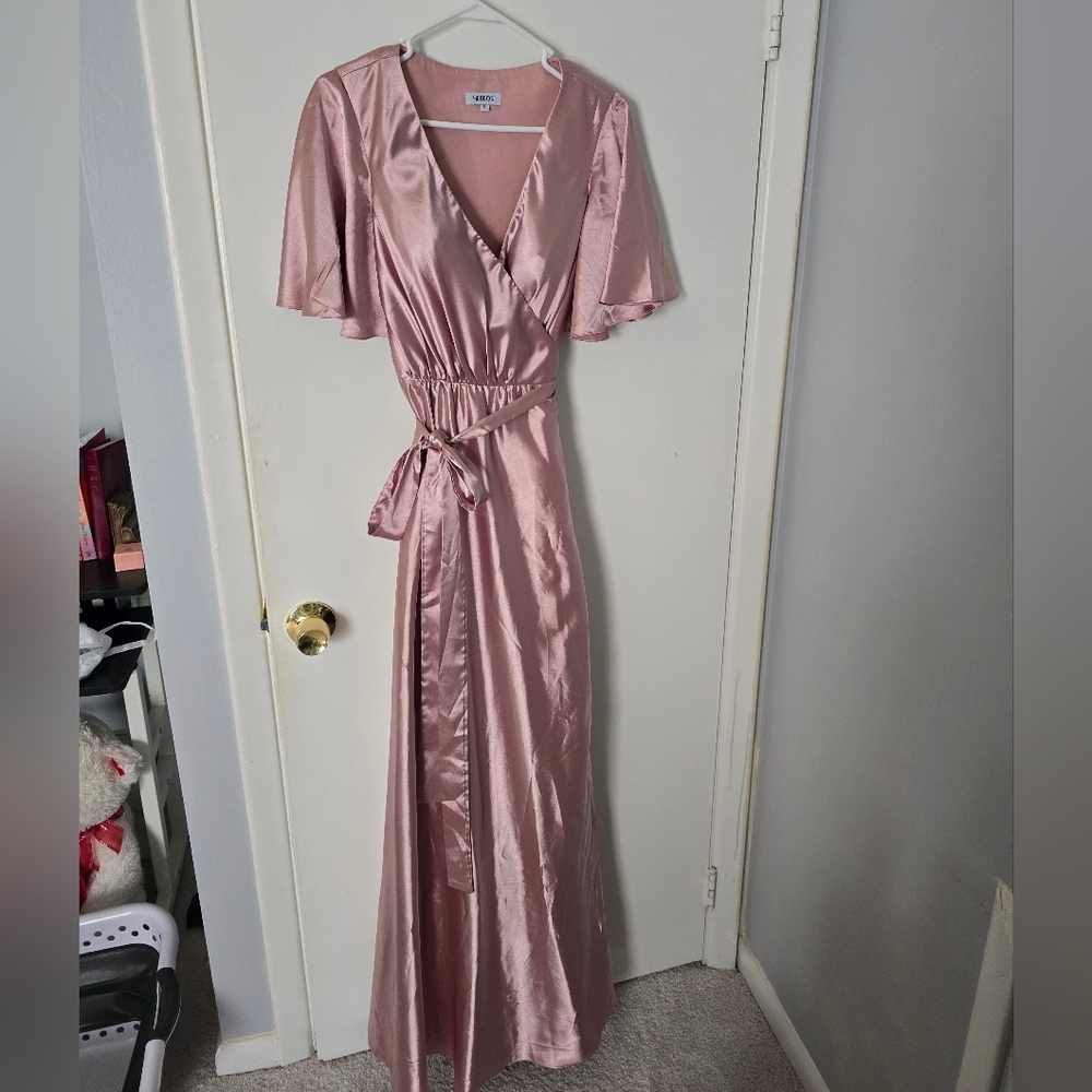 Hebeos Pink Satin Wrap Dress, Floor length